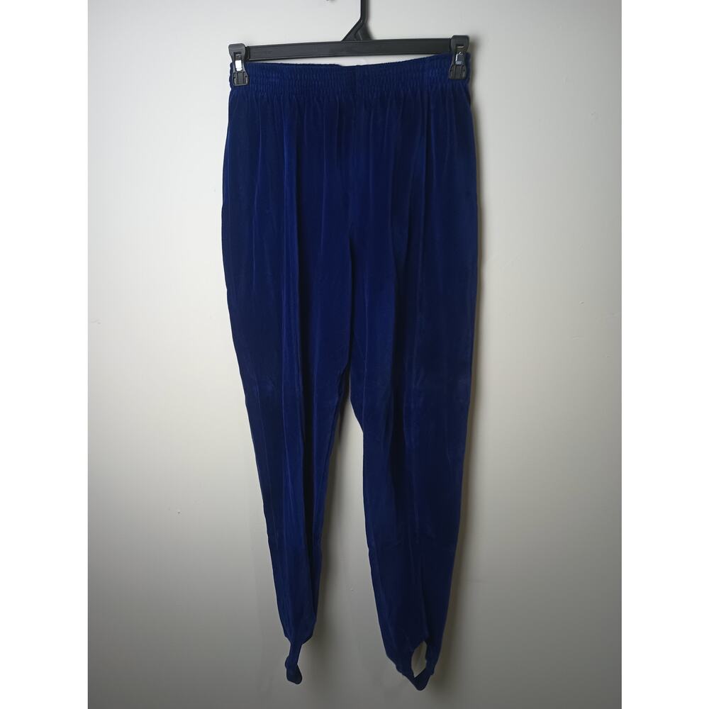 Vintage Liz Sport 80s Blue Velour Women Pants Pull on Straps Size Large